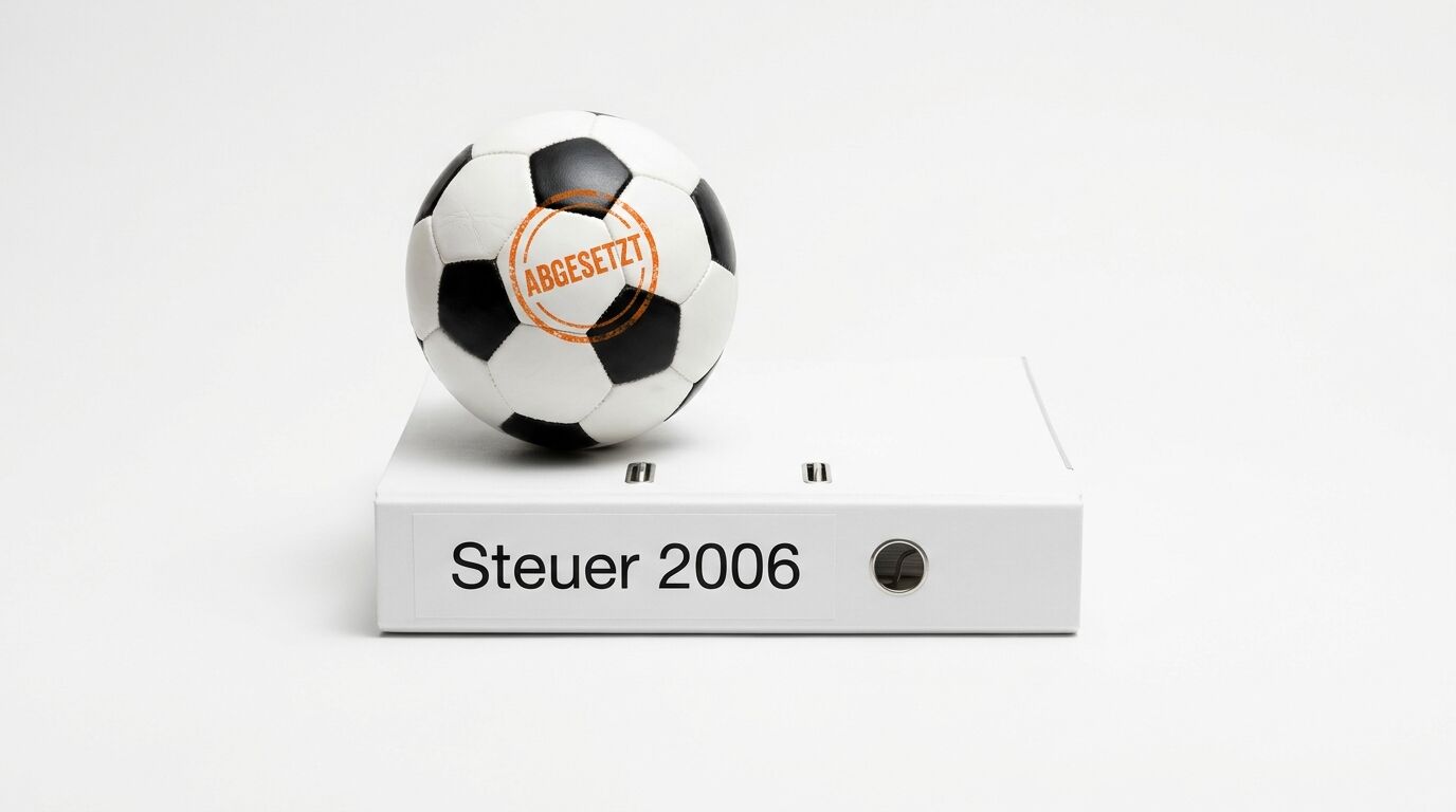 Ein Fußball mit Stempel liegt auf einem Aktenordner mit Aufschrift vor weißem Hintergrund