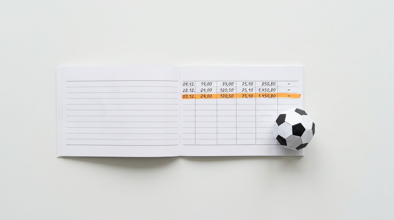 Geöffnetes Kassenbuch mit gelber Markierung und daneben ein kleiner Papier-Fußball