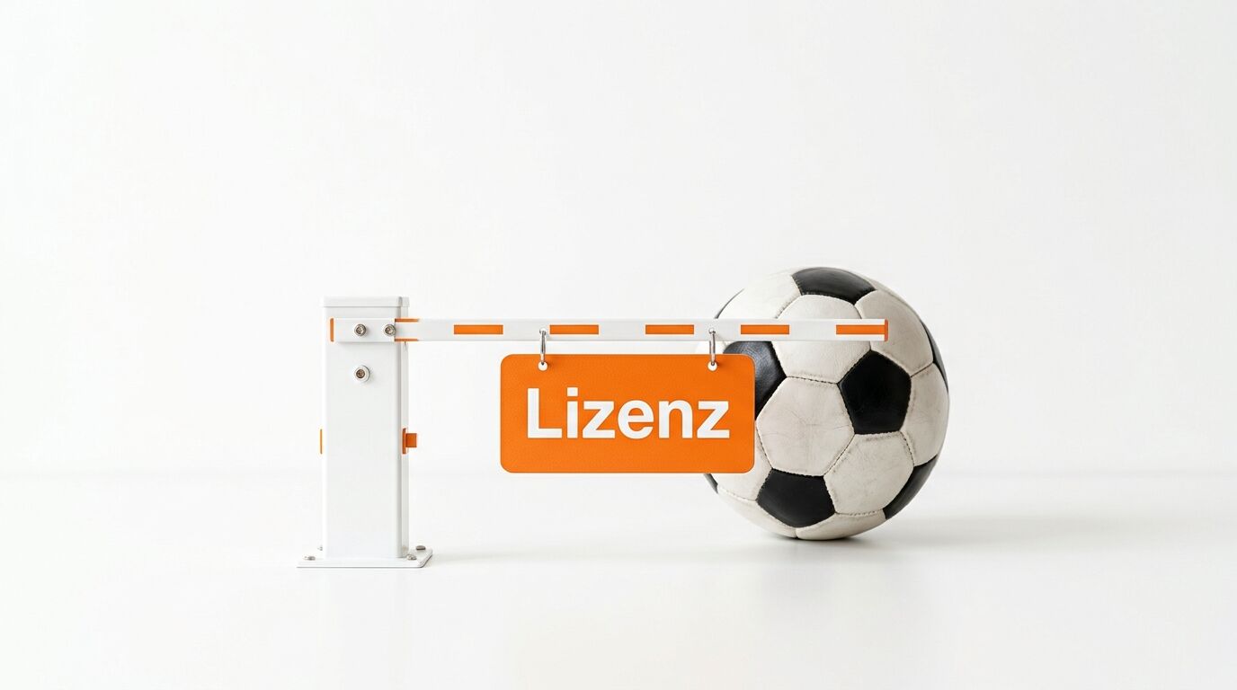Schranke vor Fußball mit Schild „Lizenz“, weißer Hintergrund