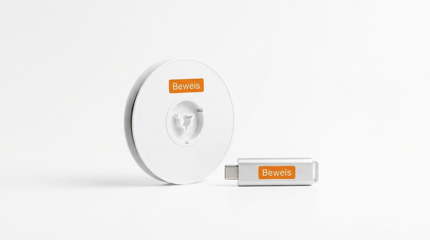 Weiße Spule und silberner USB-Stick, beide mit orangefarbenem „Beweis“-Label vor weißem Grund