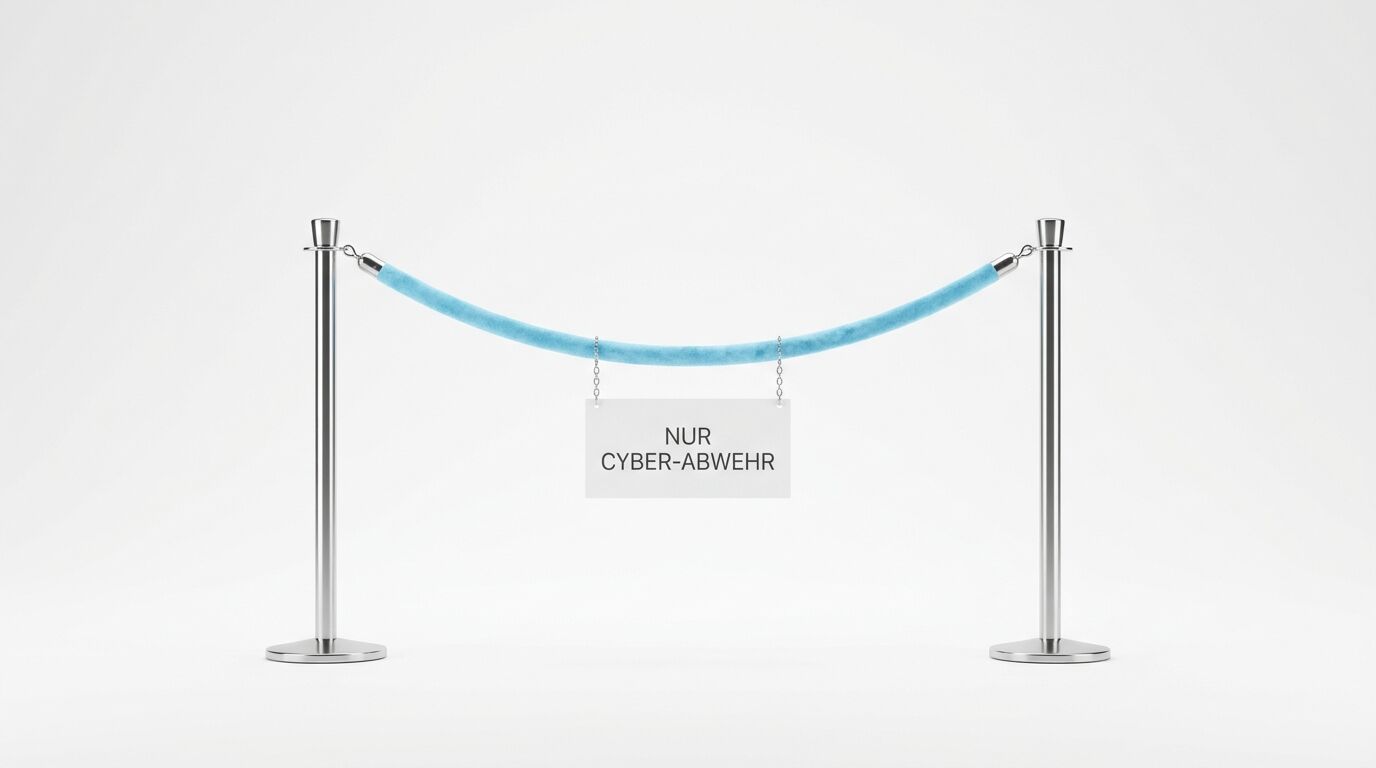 Absperrung mit blauem Seil und Schild „NUR CYBER-ABWEHR“ vor weißem Hintergrund