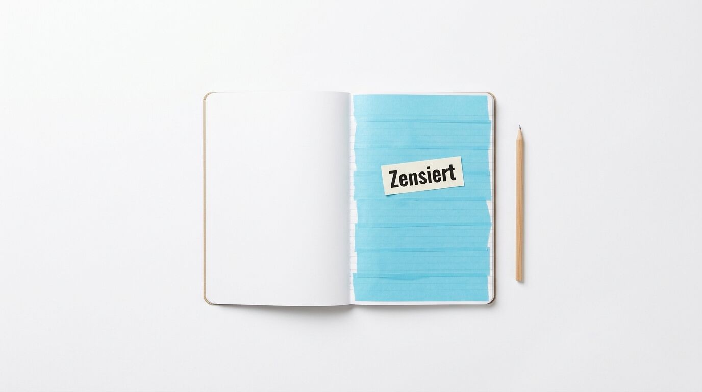Offenes Notizbuch, rechte Seite blau zensiert, daneben ein Bleistift