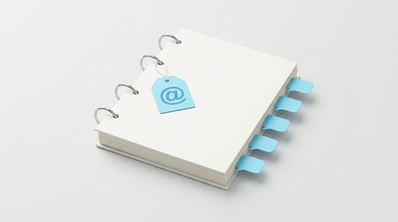 Notizbuch mit blauen Registern und Etikett mit „@“-Zeichen