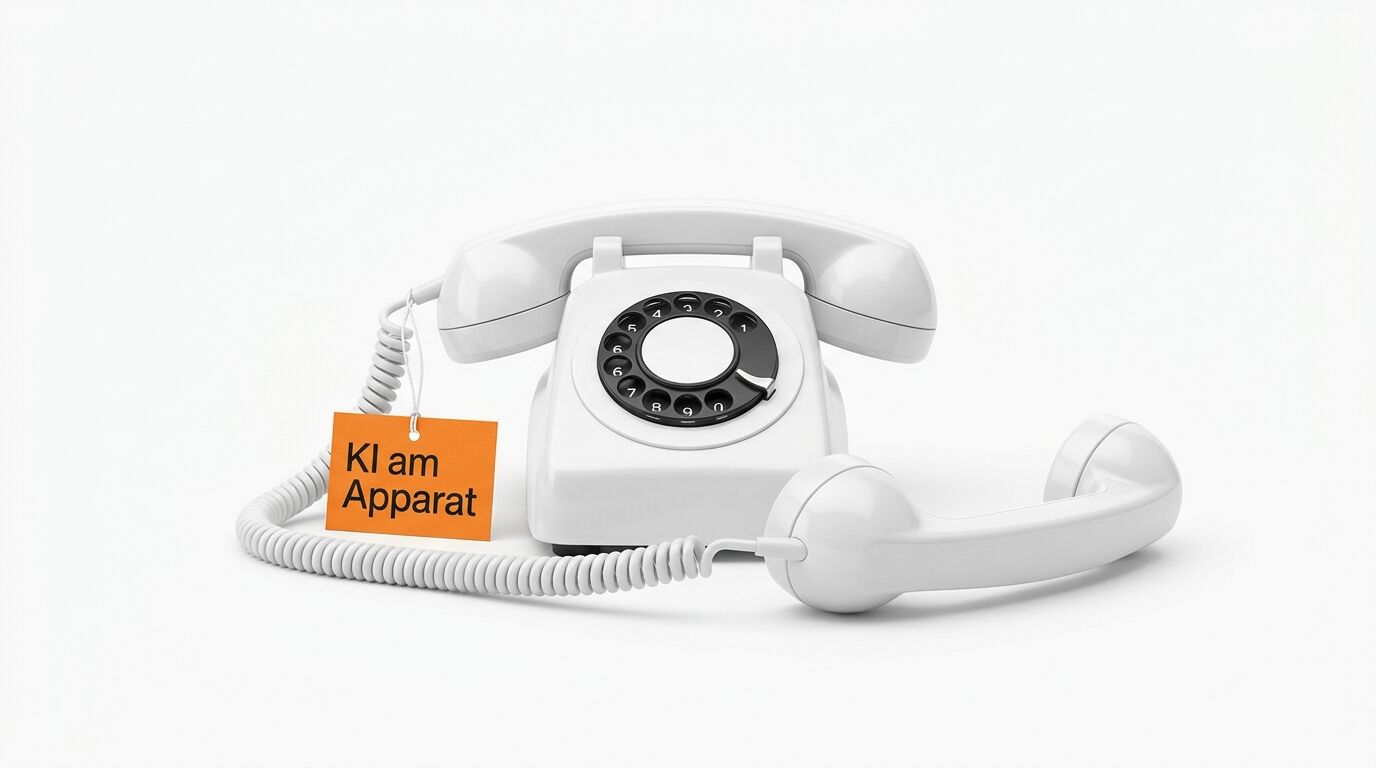 Weißes Wählscheibentelefon mit abgehobenem Hörer und Anhänger „KI am Apparat“