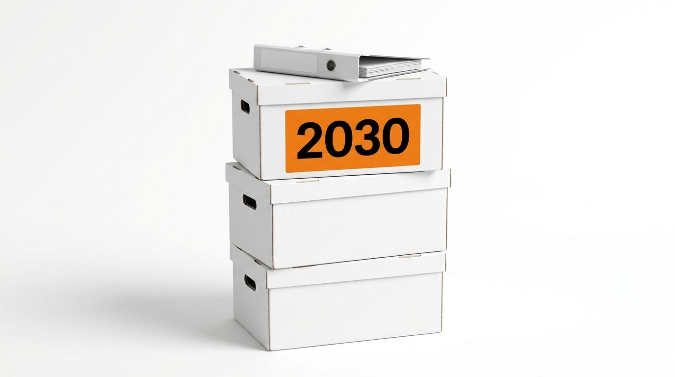 Drei weiße Kartons übereinander, oberer mit orangefarbenem Schild „2030“, darauf ein Ordner