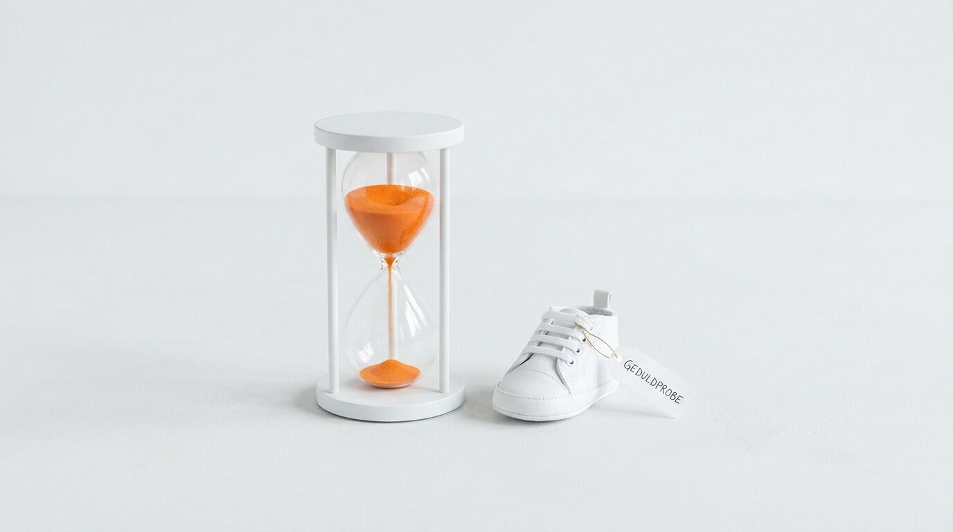 Eine Sanduhr mit orangefarbenem Sand neben einem Babyschuh mit dem Tag „GEDULDPROBE“