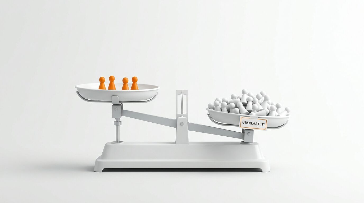 Balkenwaage mit 4 orangen Figuren links, vielen weißen rechts und Schild „ÜBERLASTET!“