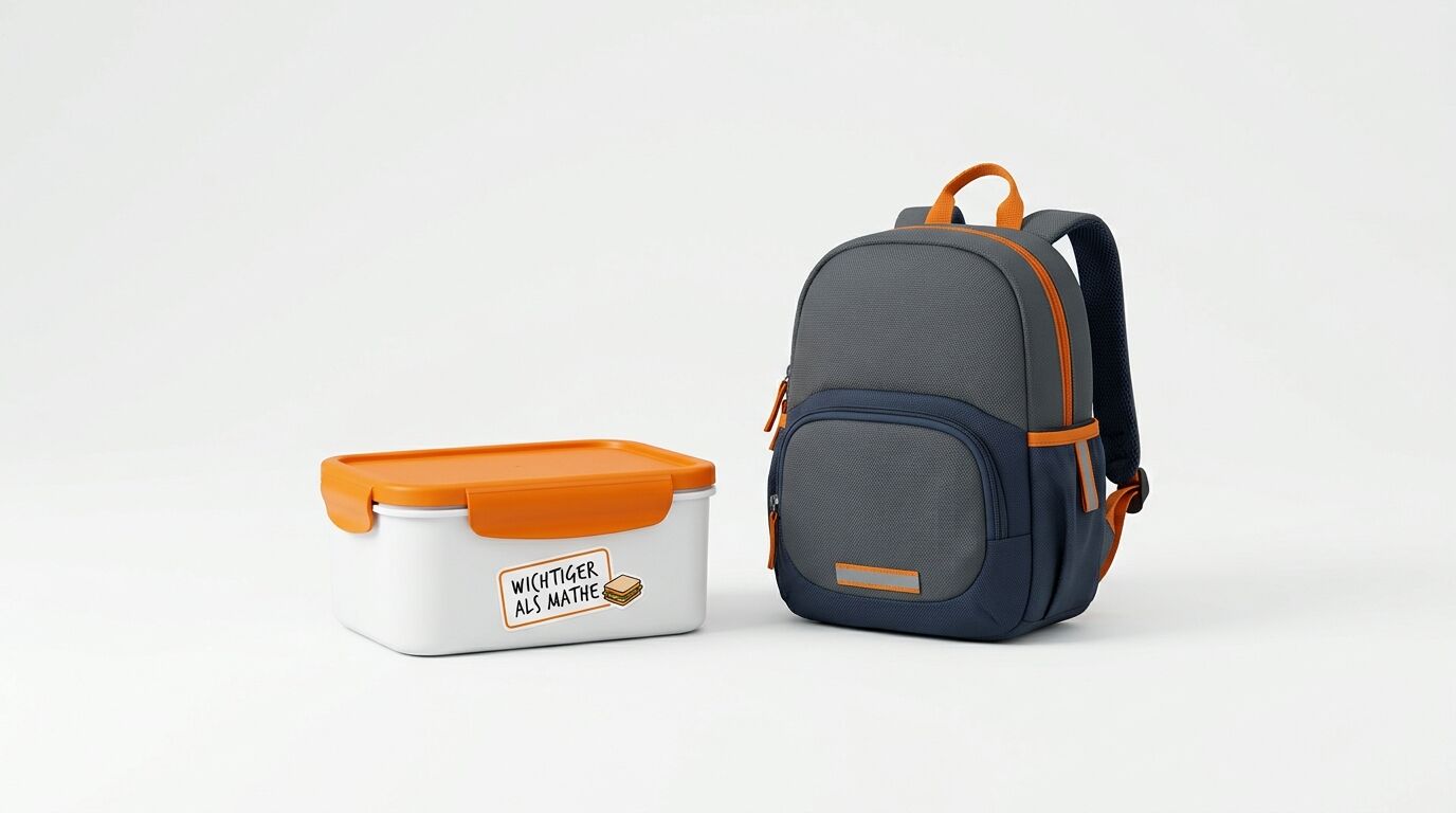 Ein grauer Rucksack mit orangen Akzenten neben einer Brotdose