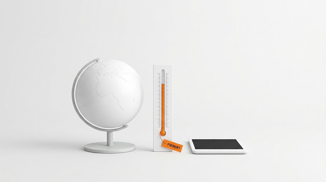 Weißer Globus, Thermometer mit „FIEBER?“-Schild und Tablet vor weißem Hintergrund