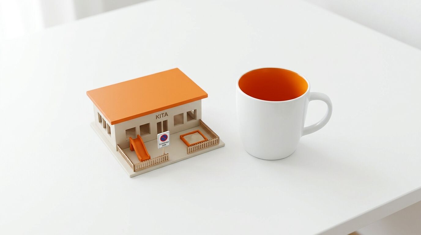 Ein Modellgebäude „KITA“ mit orangefarbenem Dach und eine Kaffeetasse daneben
