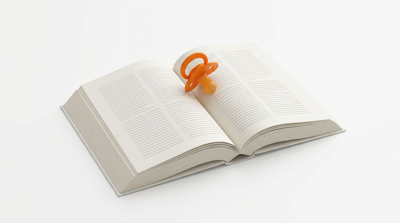 Ein geöffnetes Buch mit Linien und ein orangefarbener Schnuller in der Mitte auf weißem Grund
