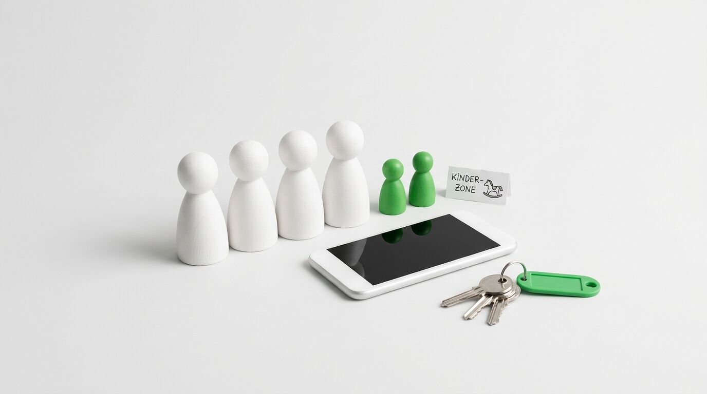 Sechs Holzfiguren, ein Smartphone und Schlüssel auf weißem Hintergrund mit „Kinderzone“-Schild