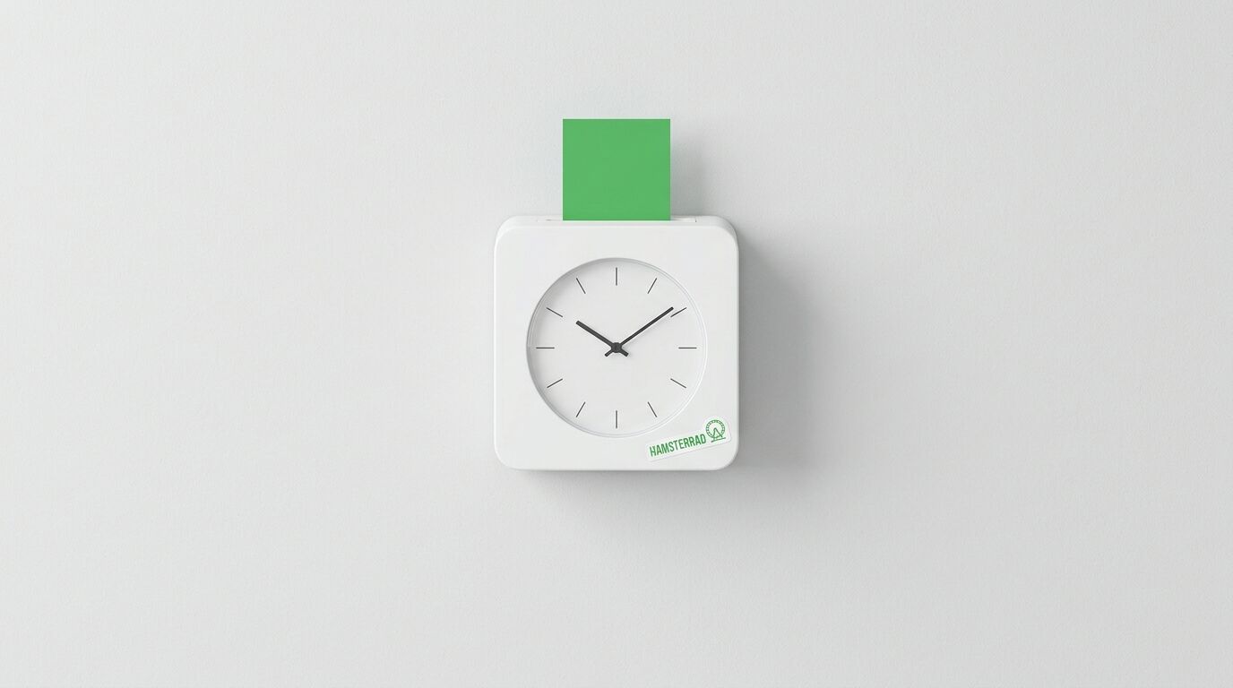 Weiße, quadratische Wanduhr mit grünem Einsteckfach und Schriftzug „HAMSTERRAD“ auf grauem Grund