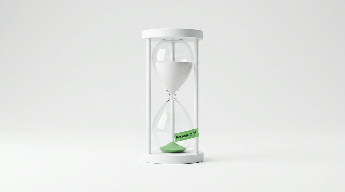Eine Sanduhr mit weißem Sand im oberen Kolben und grünem Sand im unteren