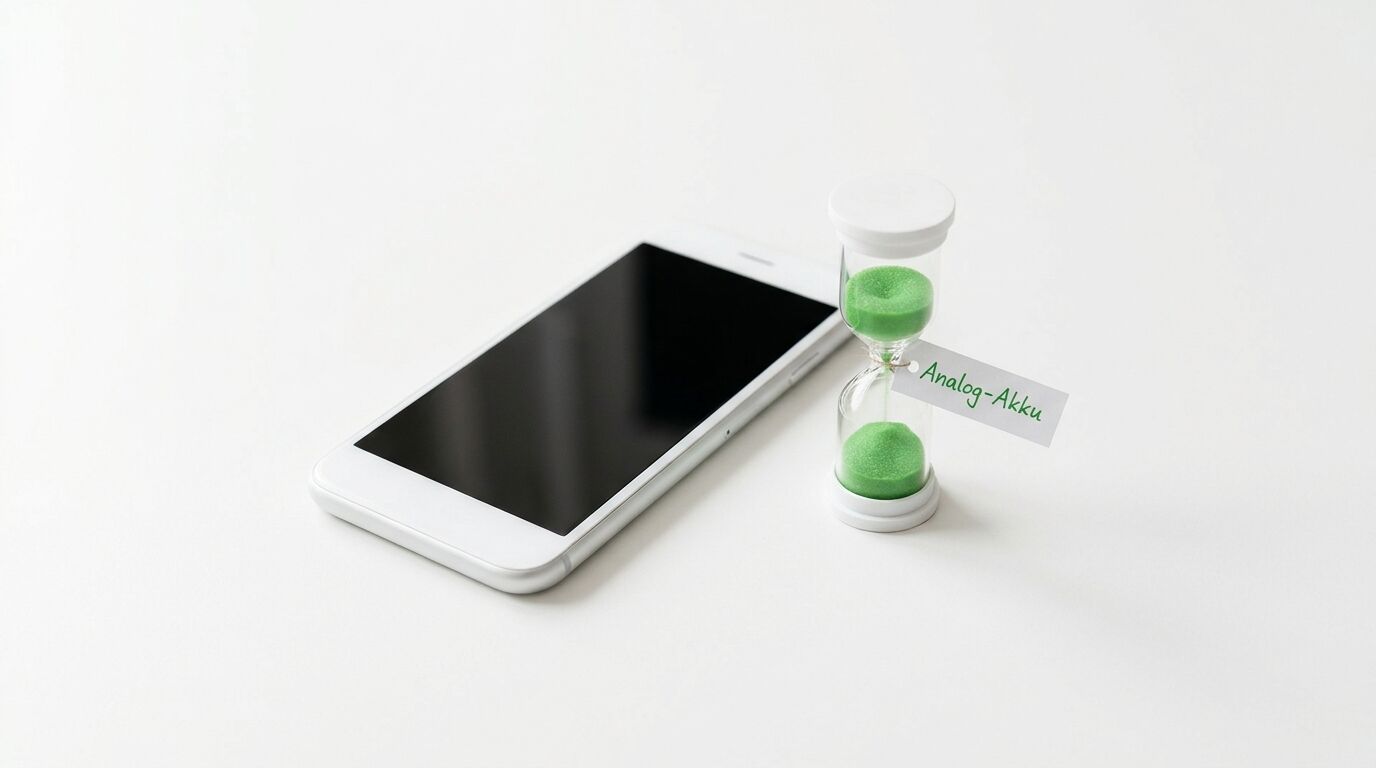 Ein Smartphone und eine grüne Sanduhr mit Etikett „Analog-Akku“ auf weißem Grund