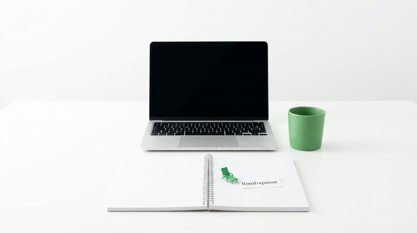 Schreibtisch mit Laptop, Becher und offenem Block mit Miniatur-Liegestuhl und Zettel