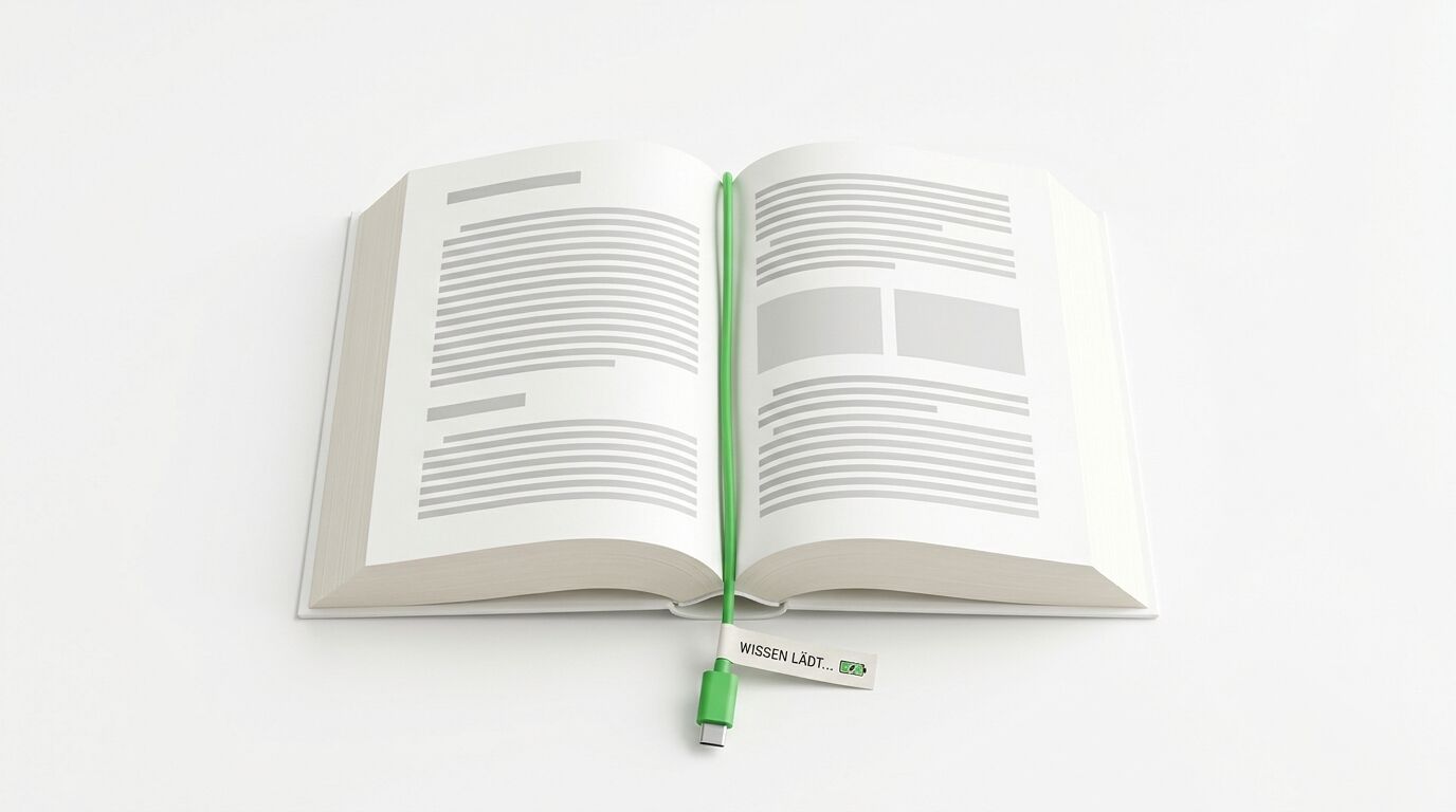 Offenes Buch mit grünem Ladekabel und Text „WISSEN LÄDT...“