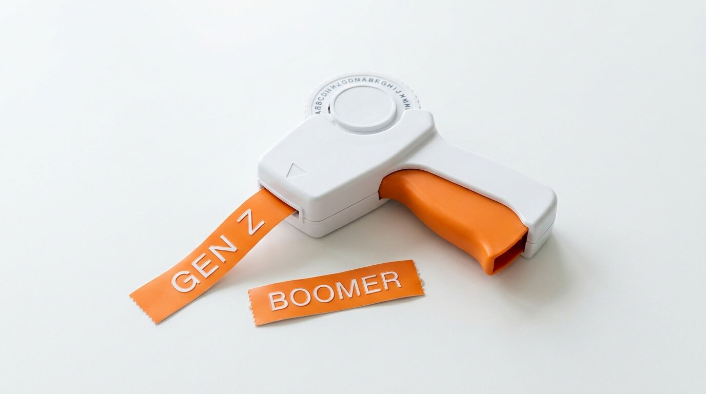 Prägegerät mit orangenen Bändern „GEN Z“ und „BOOMER“ auf weißem Grund