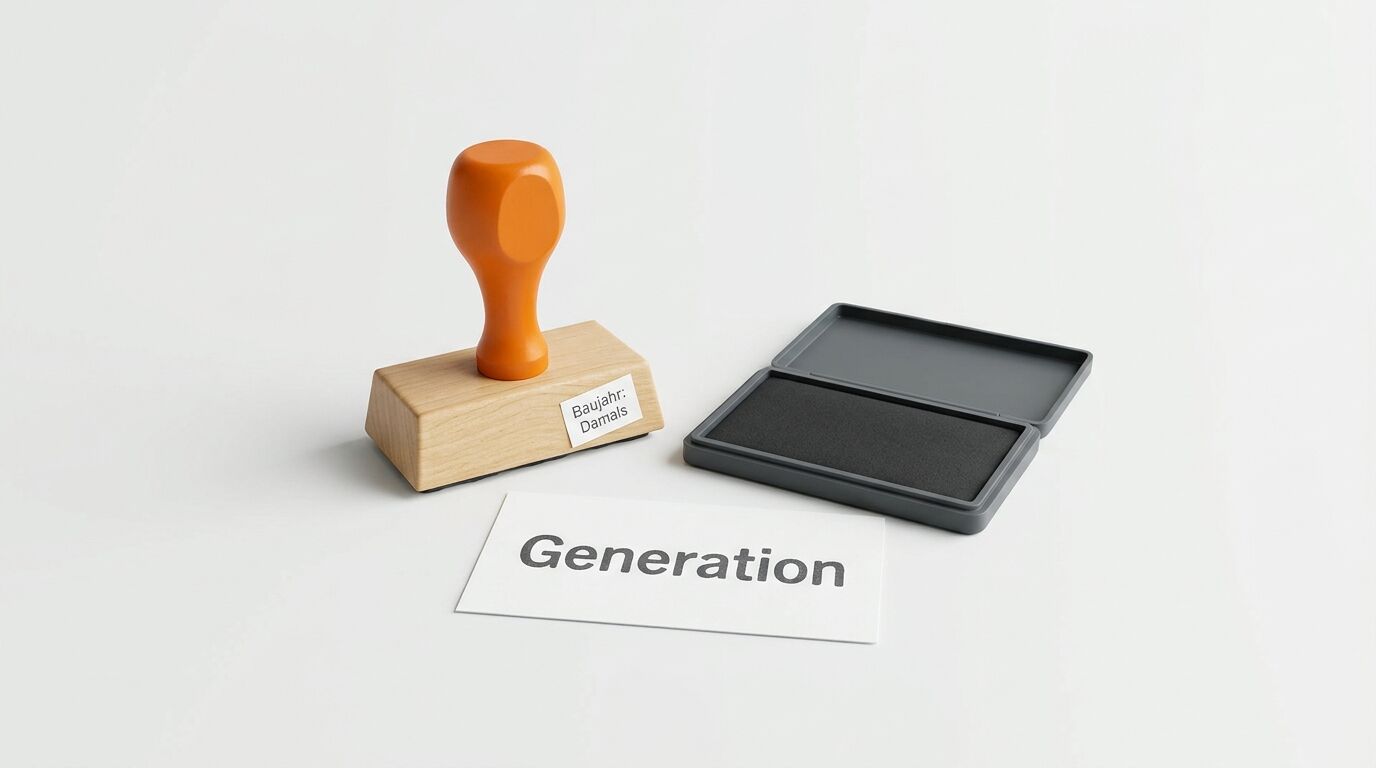 Ein Holzstempel, ein offenes Stempelkissen und ein Papier mit dem Wort „Generation“