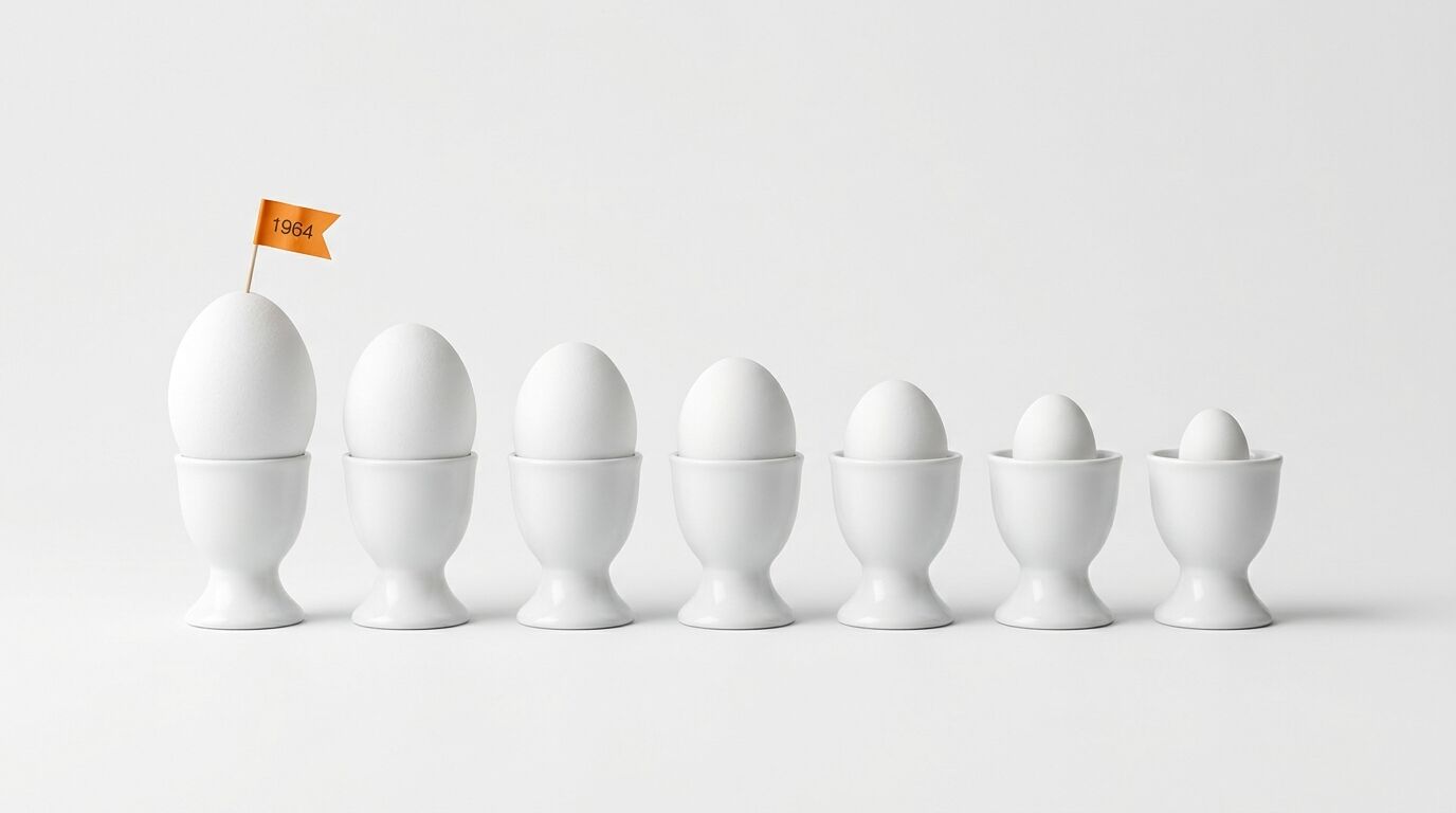 Sieben Eier in Eierbechern in absteigender Größe, das größte mit orangefarbener Fahne „1964“