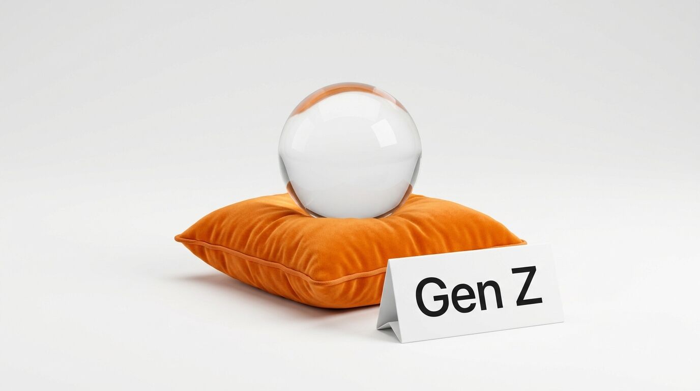Glaskugel auf orangefarbenem Kissen mit Schild „Gen Z“ auf weißem Hintergrund