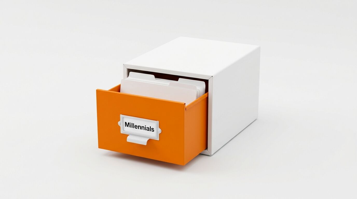 Orangener Karteikasten, Etikett „Millennials“, weiße Box, offene Schublade