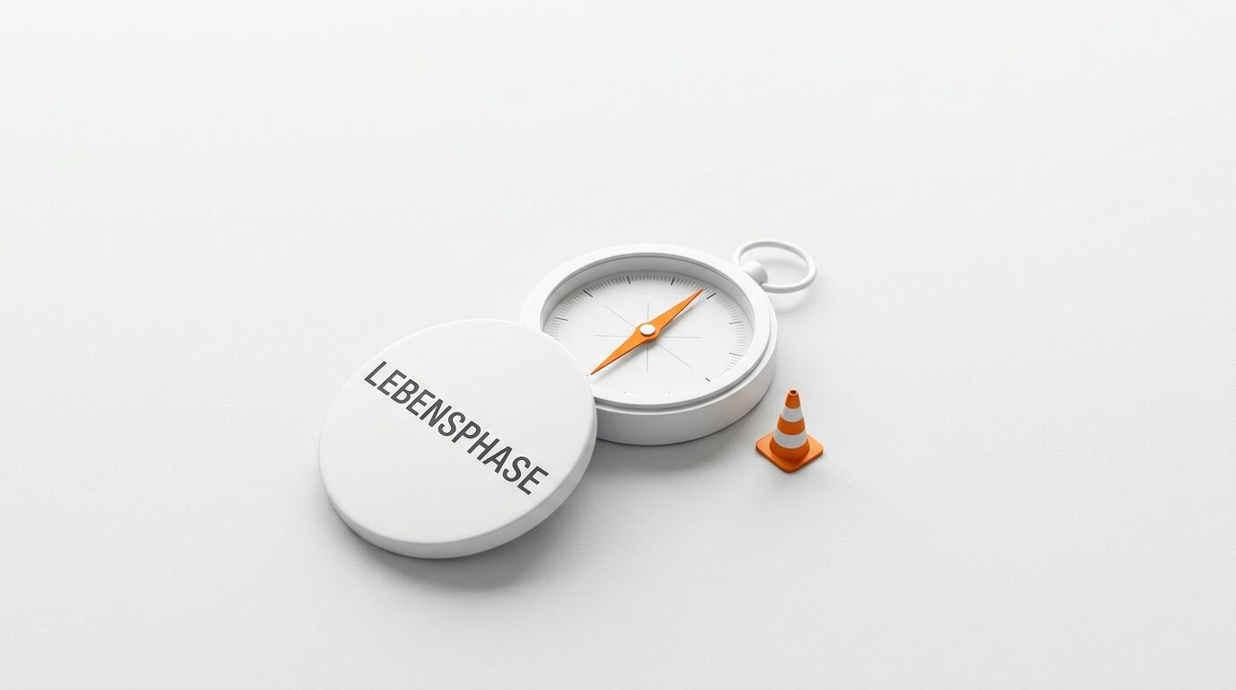 Offener Kompass, beschrifteter Deckel „LEBENSPHASE“ und kleiner Warnkegel auf weißem Grund