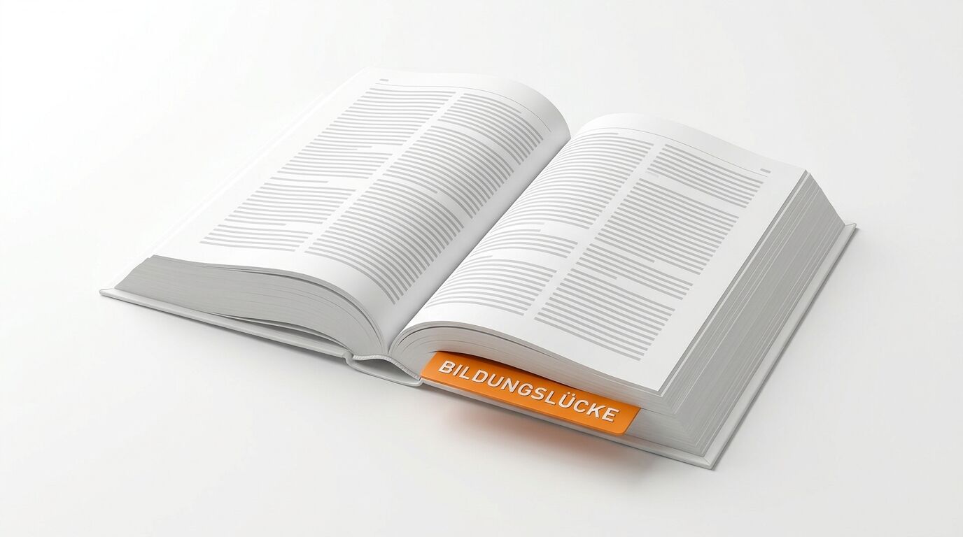 Aufgeschlagenes Buch mit einem orangefarbenen Lesezeichen und dem Schriftzug „Bildungslücke“
