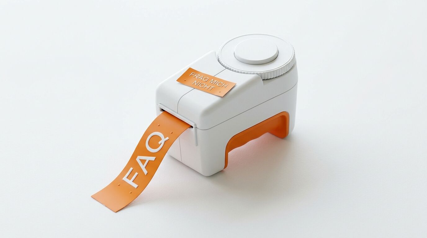 Ein weiß-oranges Etikettiergerät mit „FAQ“-Etikett und dem Aufkleber „FRAG MICH NICHT“