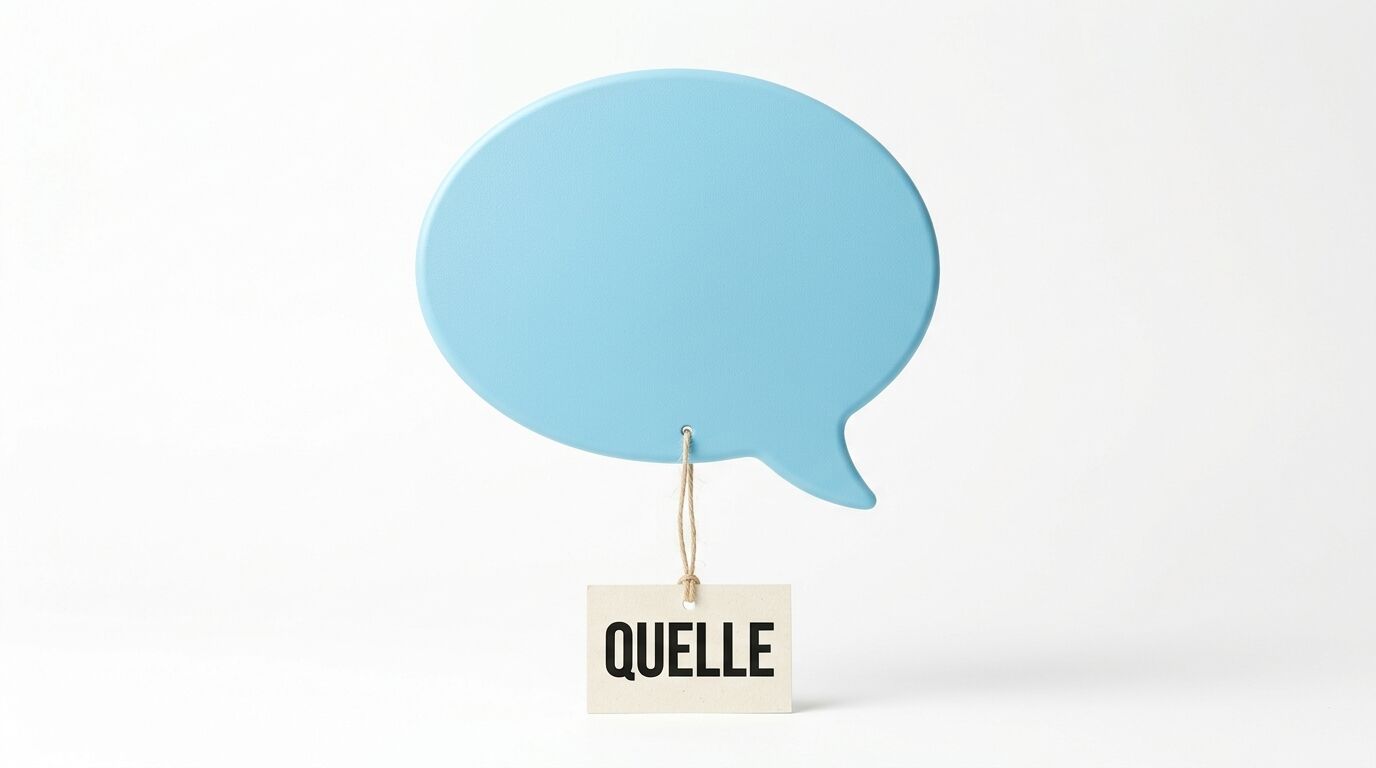 Blaue Sprechblase mit angehängtem Schild und Aufschrift „QUELLE“ auf weißem Grund