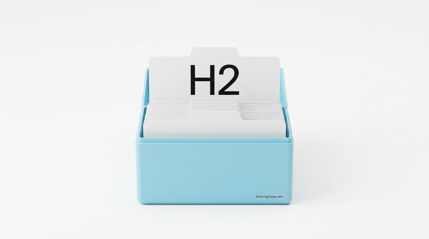 Blaue Karteibox mit weißem Register; vorderste Karte groß „H2“; unten rechts: Ordnung muss sein