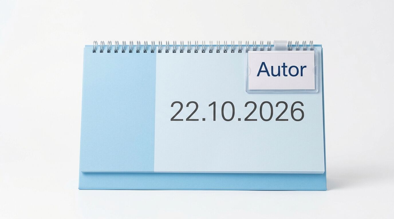 Hellblauer Tischkalender mit Datum 22.10.2026 und Reiter mit der Aufschrift „Autor“