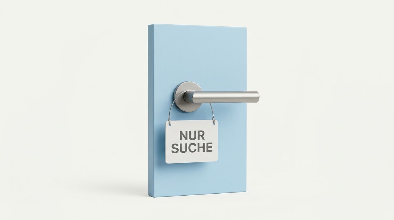 Hellblaue Tür mit Metallgriff und einem Schild „NUR SUCHE“ davor