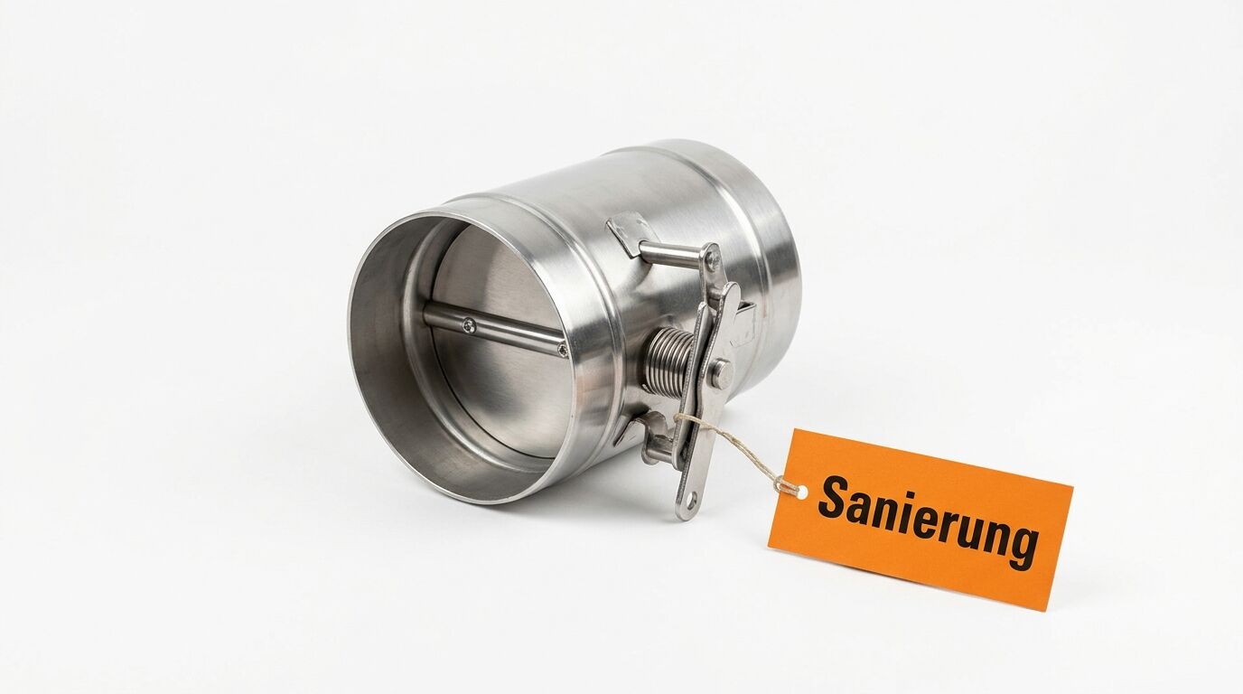 Edelstahl-Absperrklappe mit angehängtem orangem Preisschild „Sanierung“