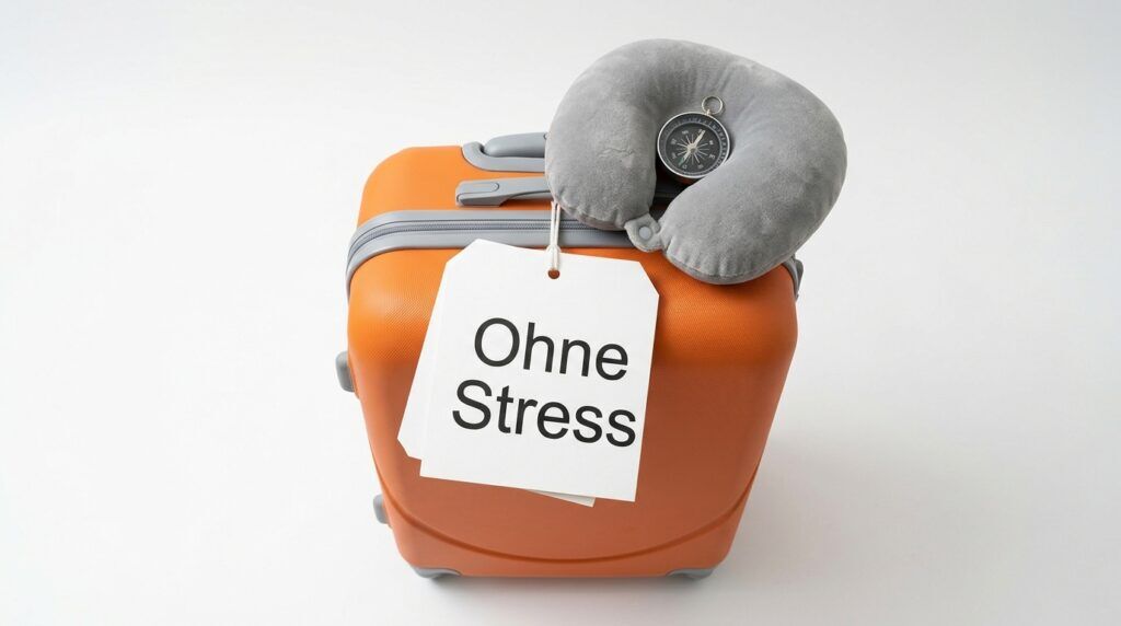Geschäftsreisen ohne Stress: orangefarbener Rollkoffer mit Gepäcketikett „Ohne Stress“, darauf ein Nackenkissen mit Kompass