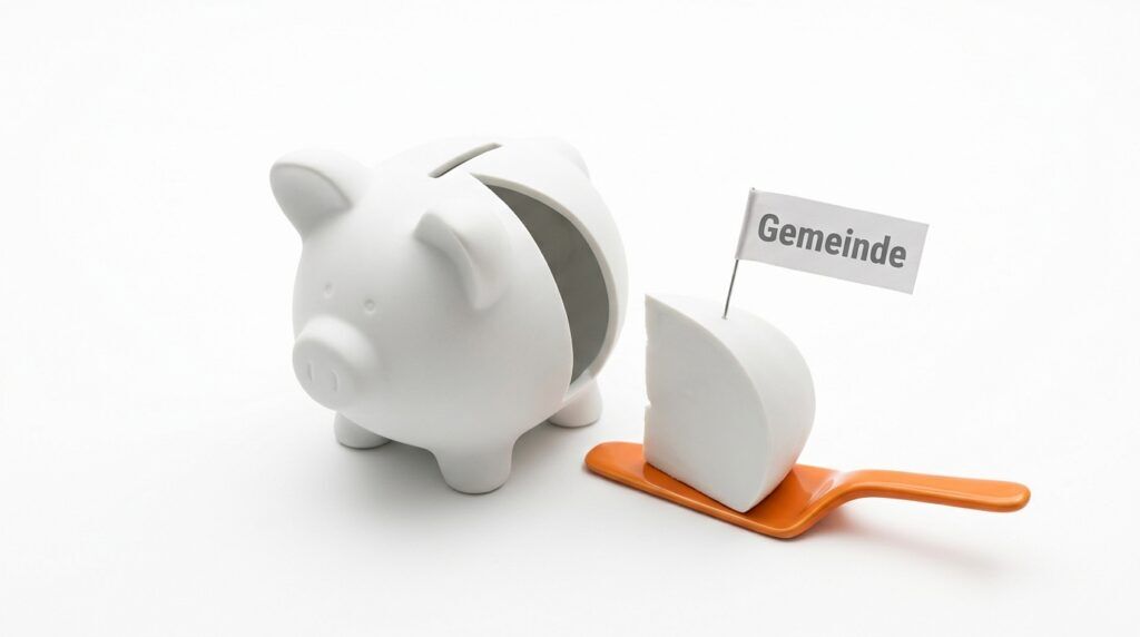 Gewerbesteuer berechnen: Weißes Sparschwein, aus dem ein Tortenstück mit Fähnchen „Gemeinde“ herausgeschnitten ist