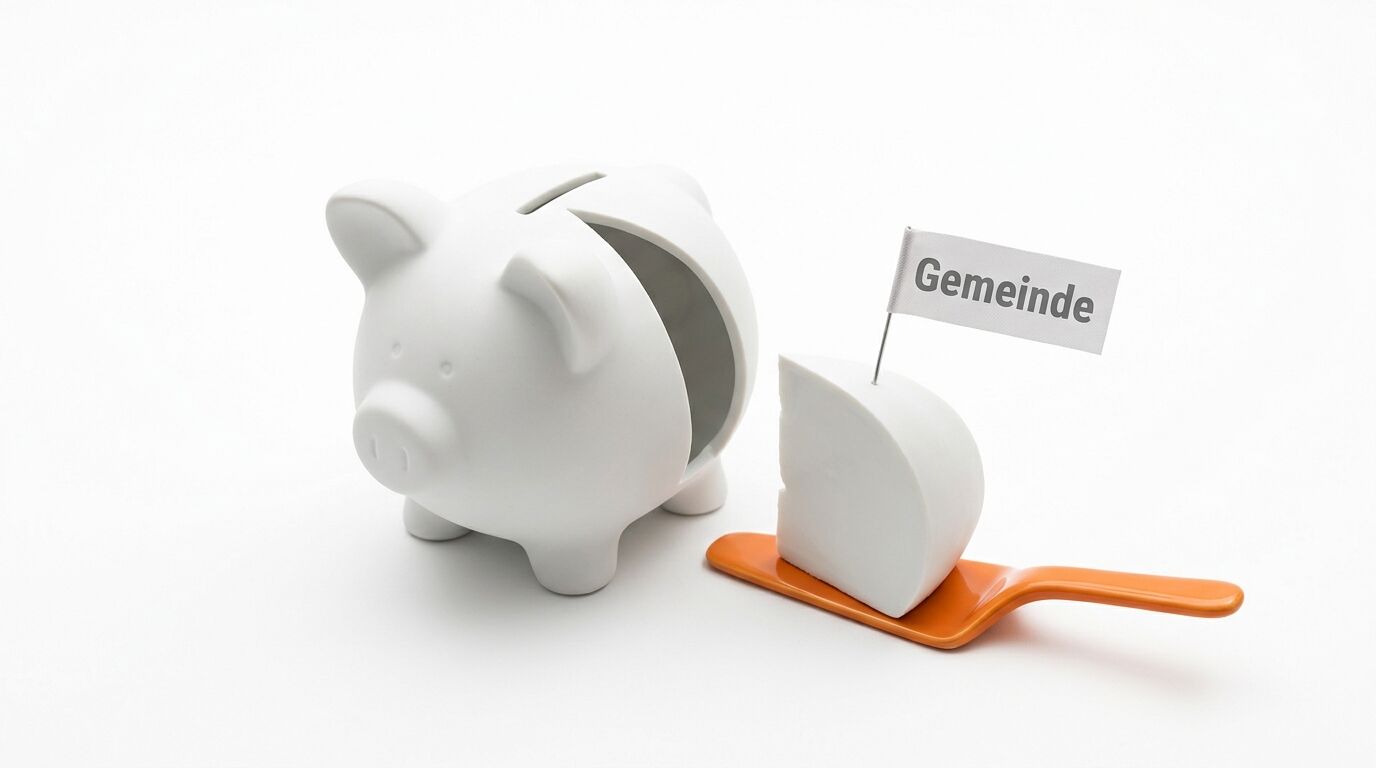 Kaputtes Sparschwein, ein Stück auf einem Schieber mit einer Fahne mit der Aufschrift „Gemeinde“