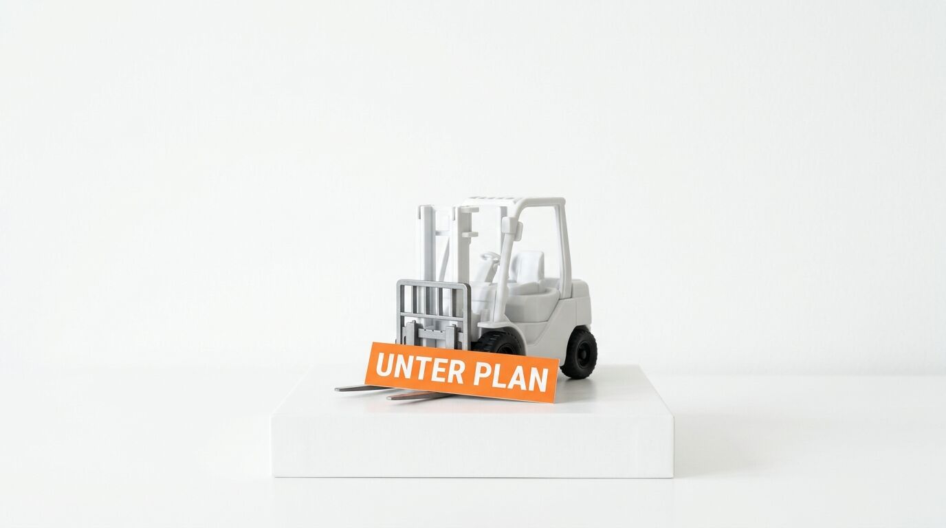 Modell eines Gabelstaplers mit orangefarbenem Schild „UNTER PLAN“ auf weißem Sockel