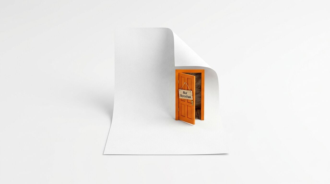 Ein Blatt Papier steht aufrecht; im gewölbten Teil befindet sich eine offene orangefarbene Tür