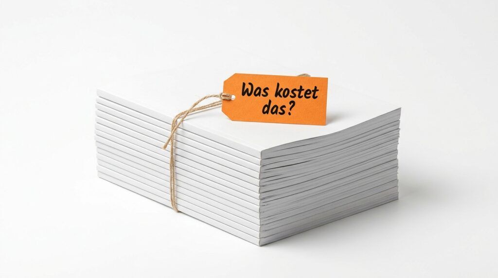 Ghostwriter für die Bachelorarbeit: weißer Papierstapel mit orangefarbenem Preisschild „Was kostet das?“