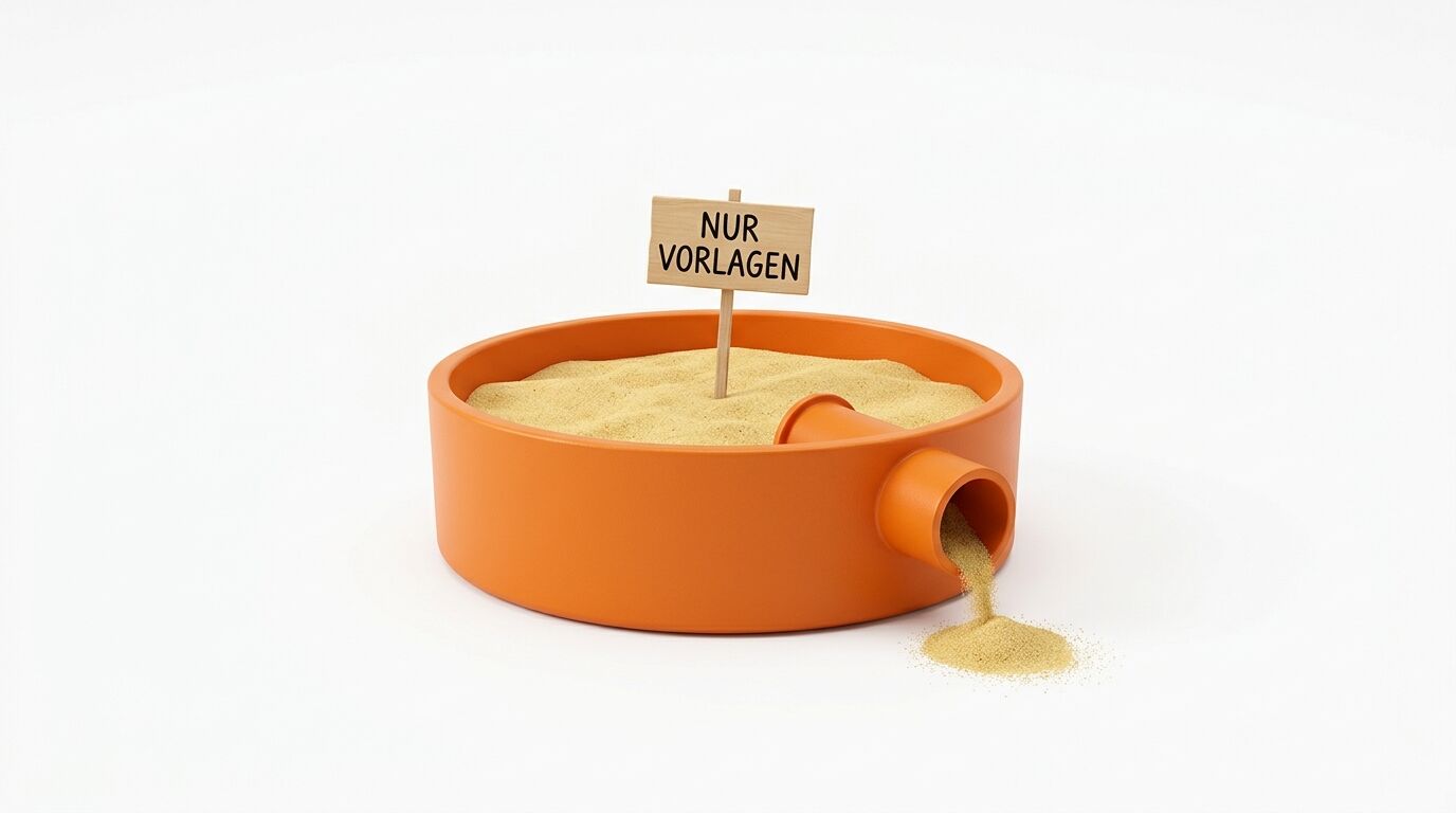 Eine orangefarbene Schale gefüllt mit Sand und einem Schild „Nur Vorlagen“, aus einem Auslass fließt Sand