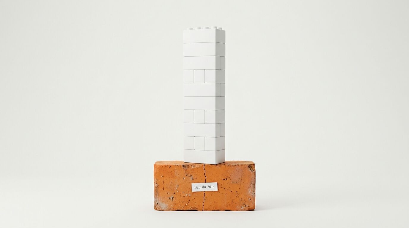 Ein Turm aus weißen Klemmbausteinen steht auf einem roten Ziegelstein mit der Aufschrift „Baujahr 2014“