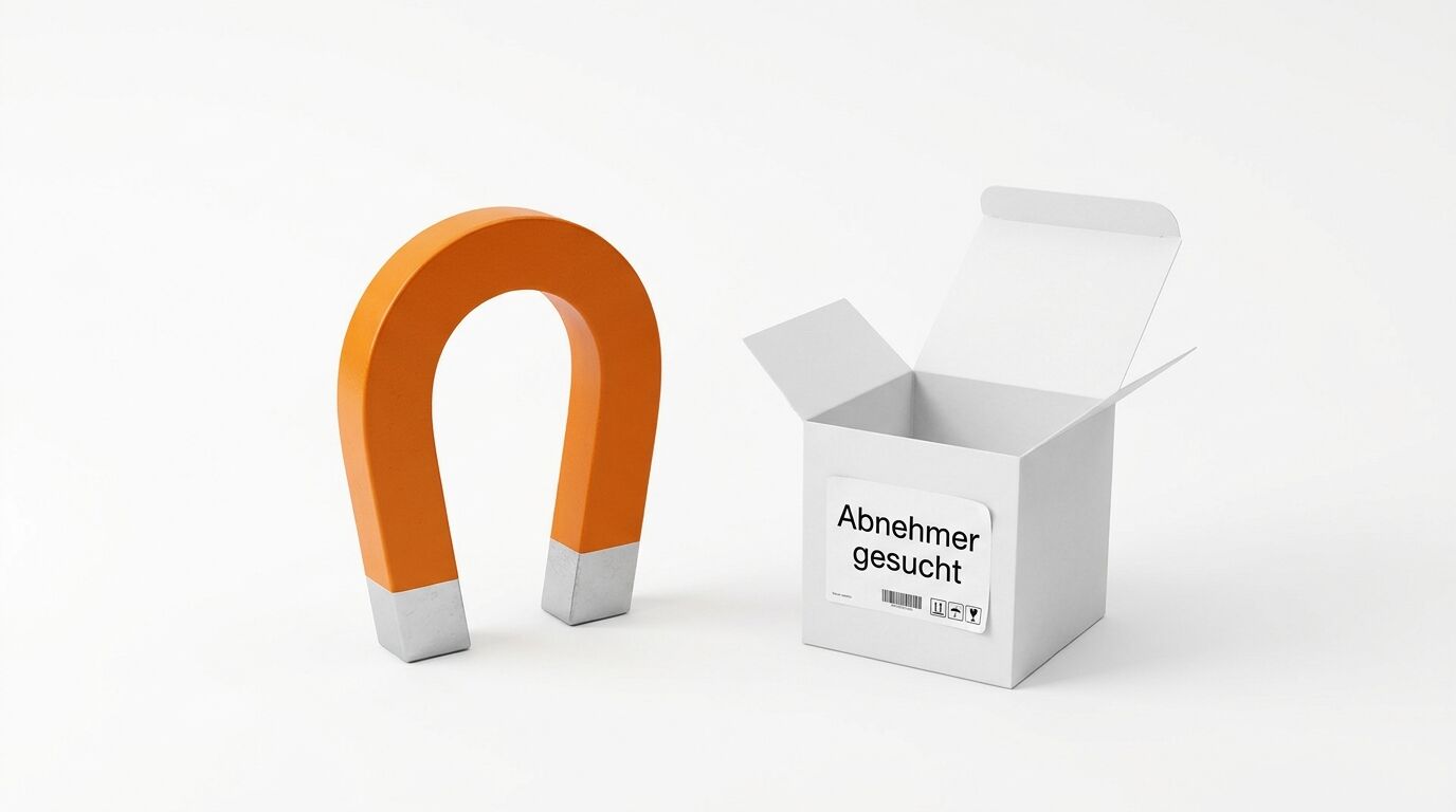 Orangefarbener Hufeisenmagnet neben offenem, weißem Karton auf weißem Hintergrund