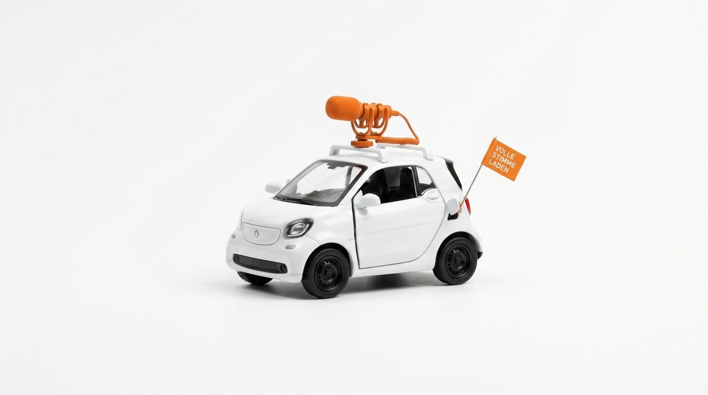 Weißer Modell-Smart mit Mikrofon auf Dach und orangefarbener Fahne („VOLLE STIMME LADEN“)