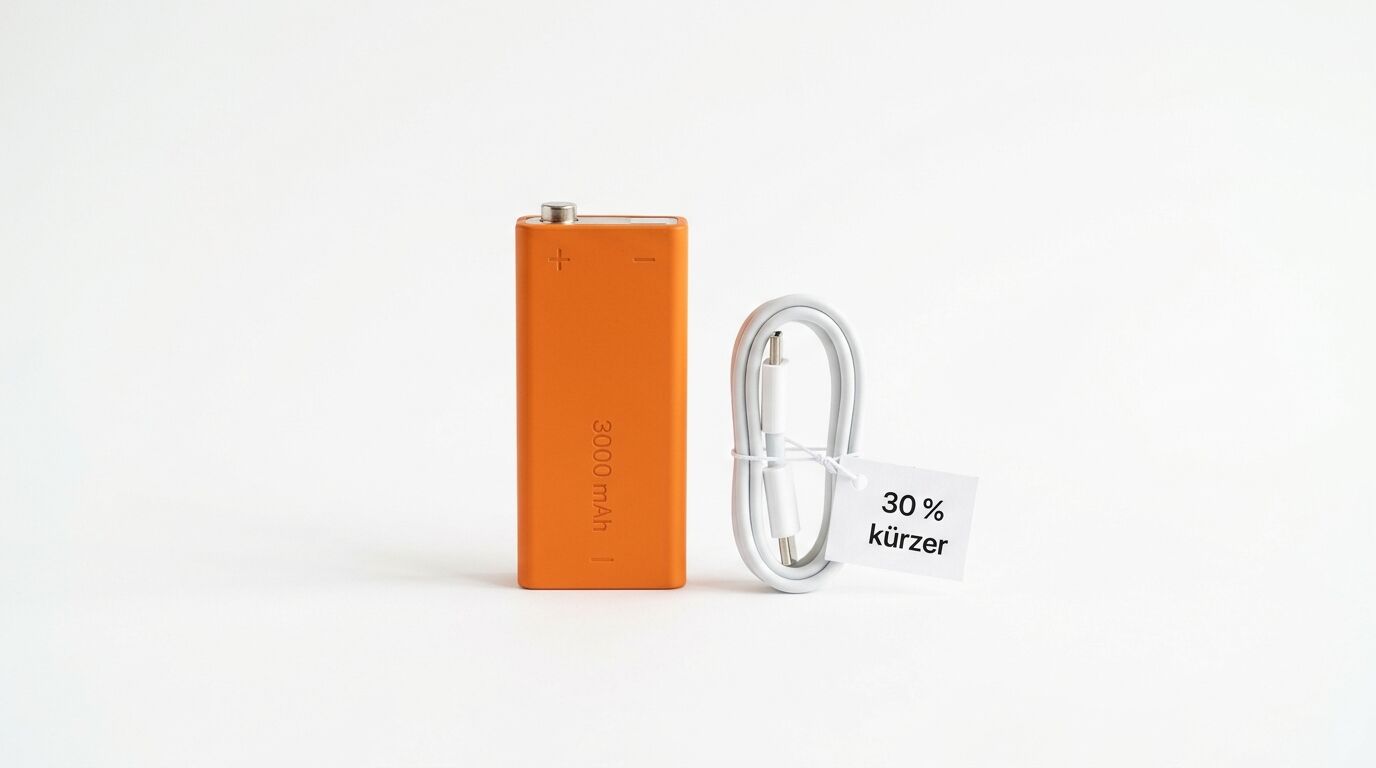 Orangefarbener Akku (3000 mAh) neben kurzem USB-C-Kabel mit Preisschild