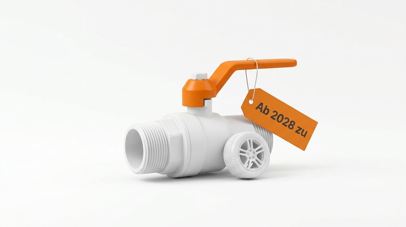 Rohrventil mit Autorad und orangem Anhänger „Ab 2028 zu“