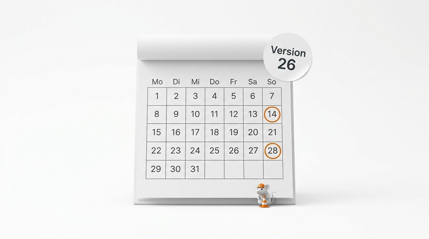 Ein weißer Abreißkalender mit eingekreisten Tagen (14, 28) und einer Figur davor
