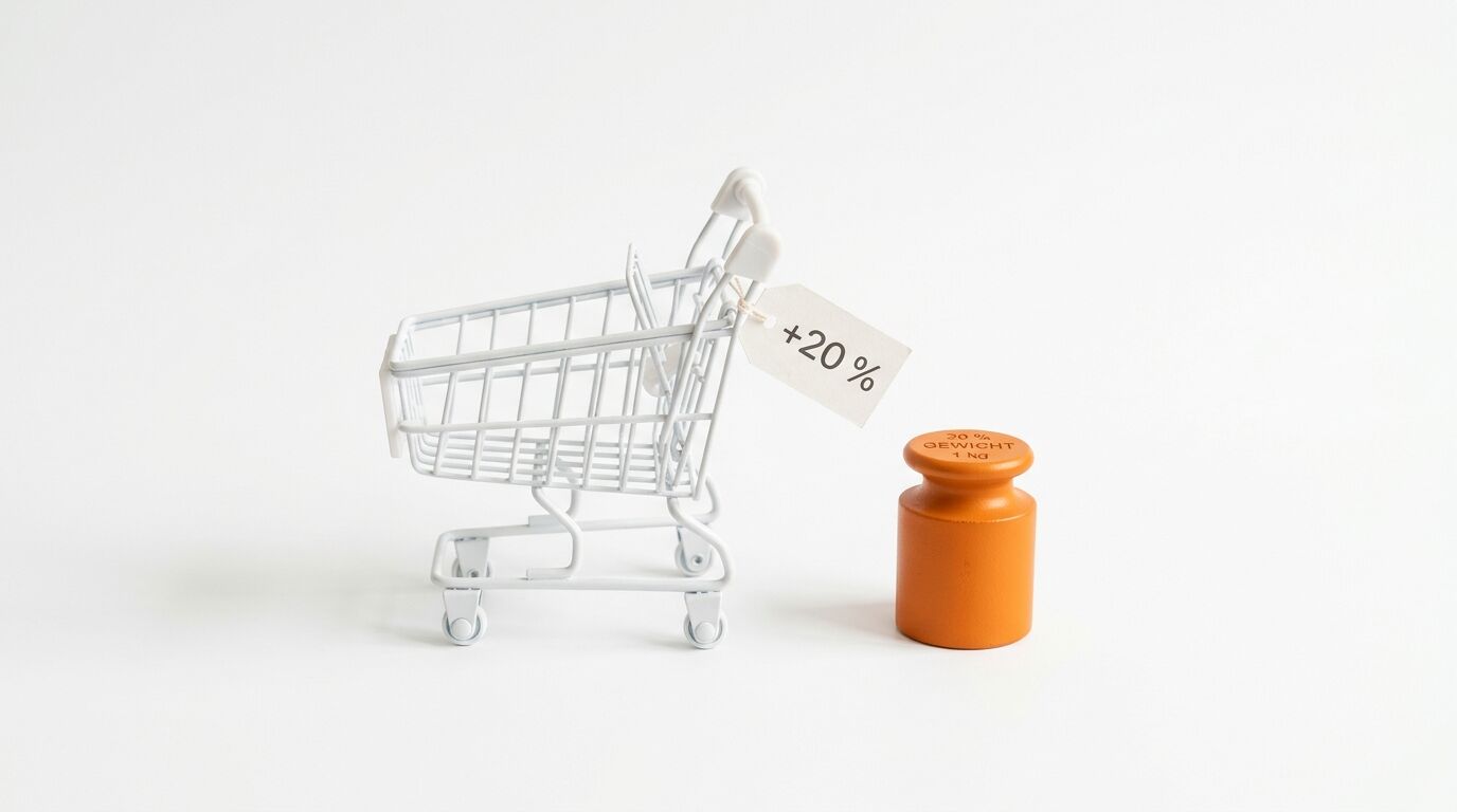 Einkaufswagen mit „+20 %“-Schild und orangefarbenes Gewicht mit Aufschrift