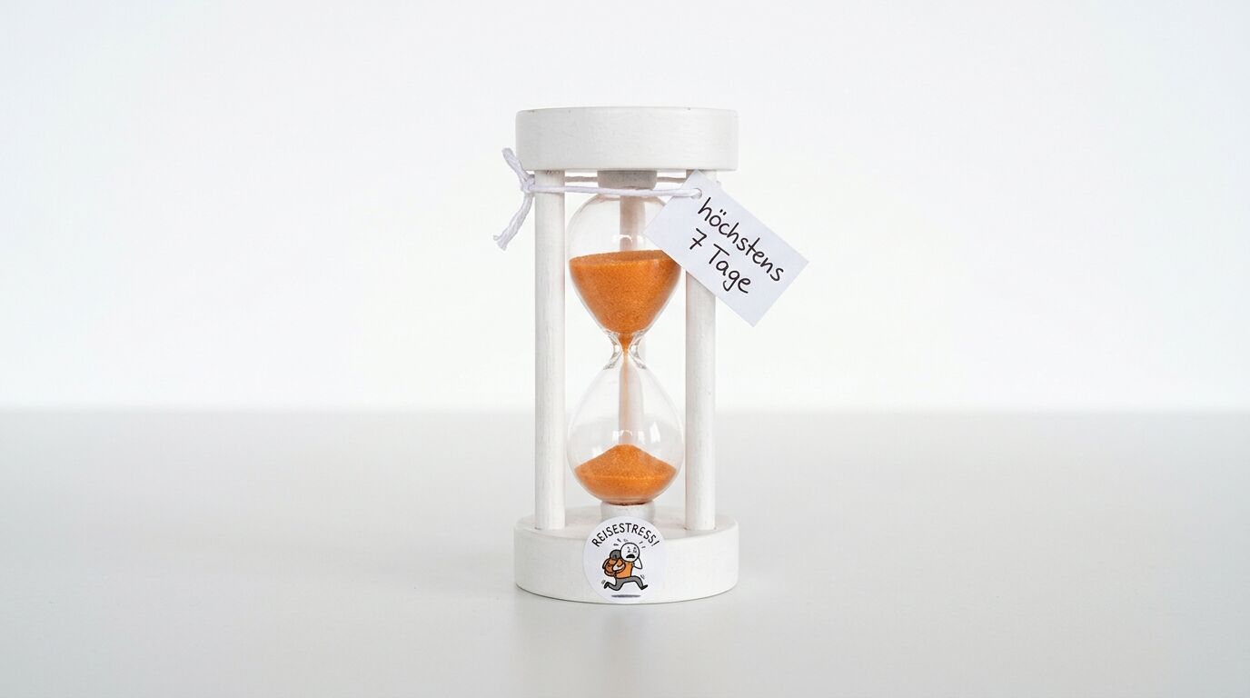 Weiße Sanduhr mit oranger Fühlung und Schildern „höchstens 7 Tage“ und „REISESTRESS!“ vor weiß