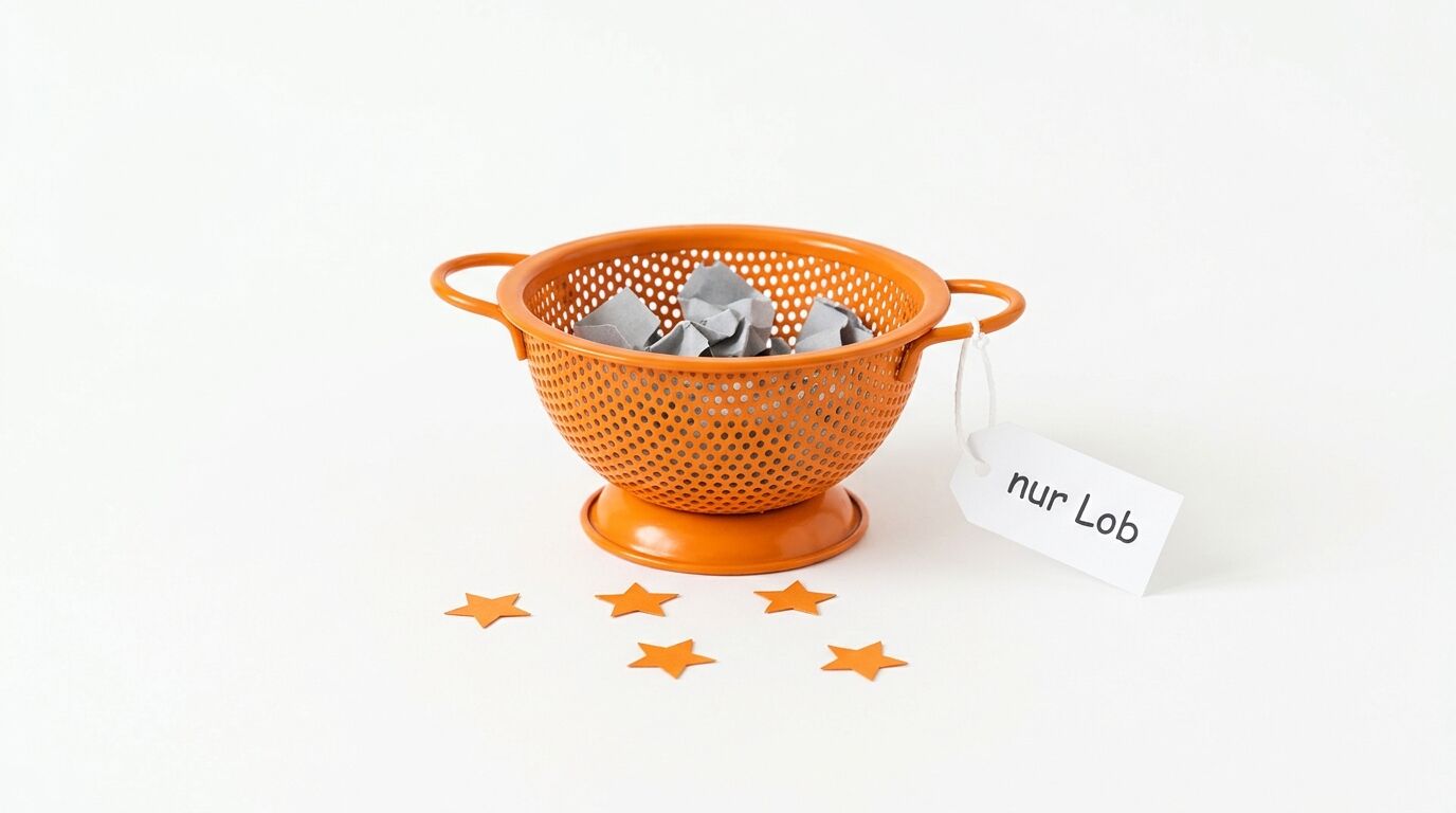 Oranges Sieb mit zerknülltem Papier, Anhänger „nur Lob“ und fünf orangefarbenen Sternen